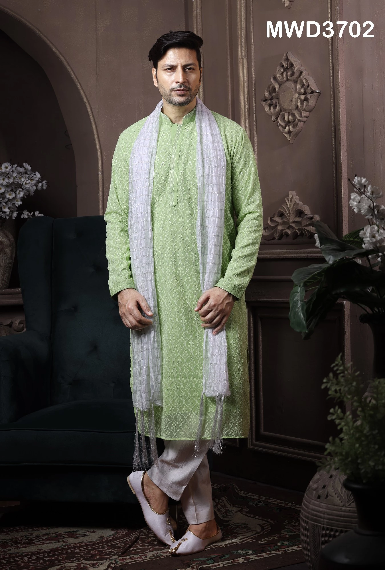 Green Readymade Chikankari Kurta Pajama In Georgette, 36-1.webp